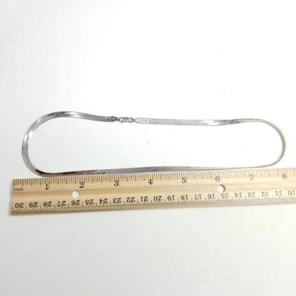 Vintage Herringbone Sterling Silver Flat Chain Necklace, Tarnished, Estate - Picture 5 of 7